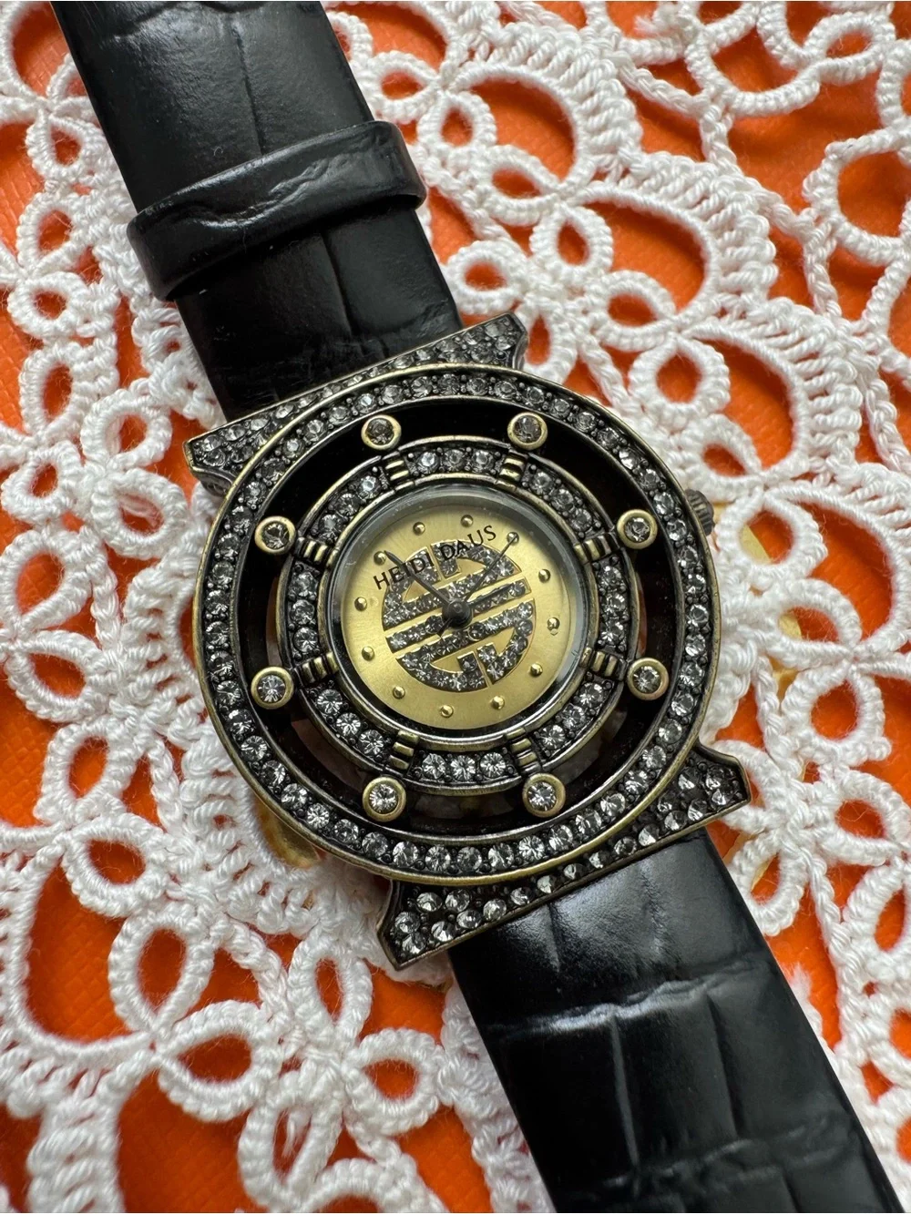 Heidi Daus Black and Gold Crystal-Embellished Watch